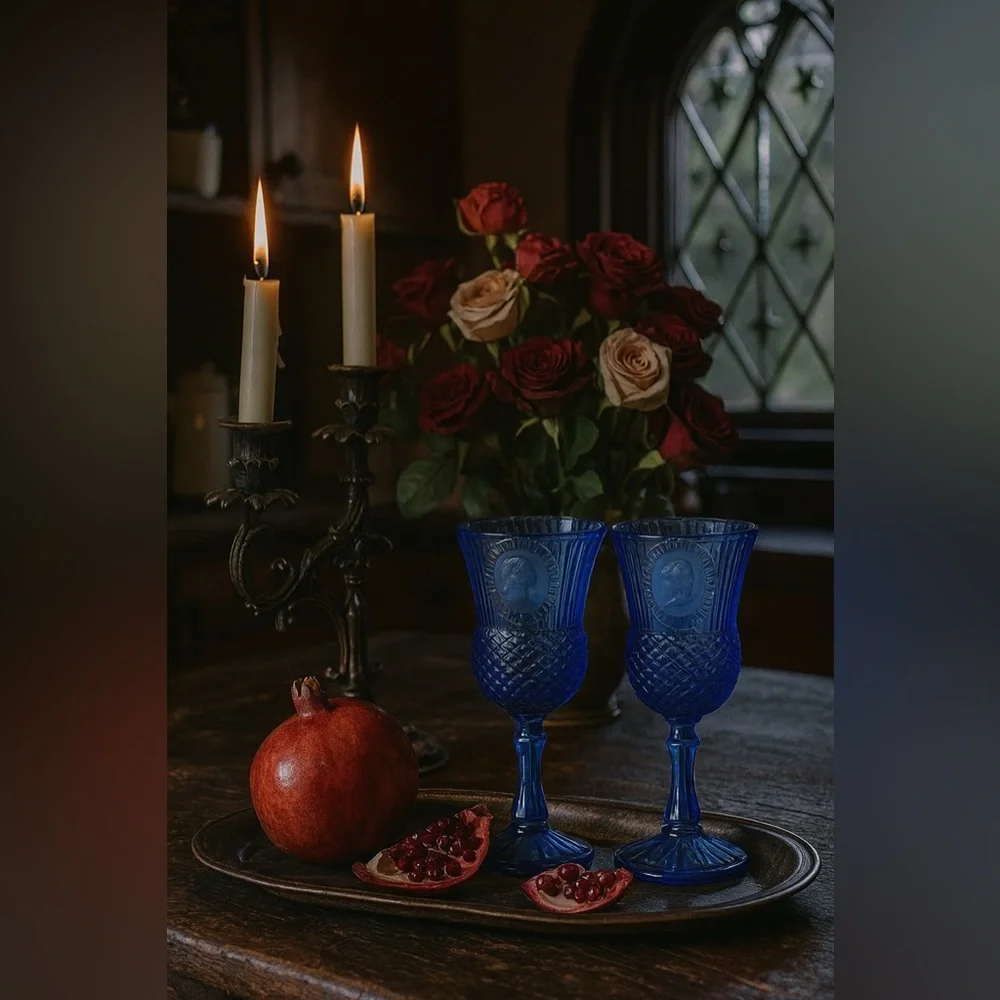 Vintage Cobalt Blue Glass Goblets | Cameo Design | Set of 2